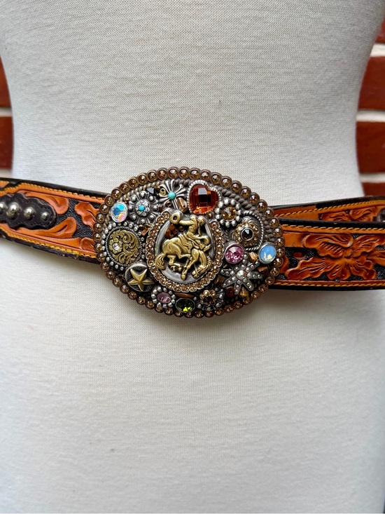 Bob Berg Accessories - Bob Berg Hand-Tooled Ladies Western Belt w/Rhinestone Belt Buckle